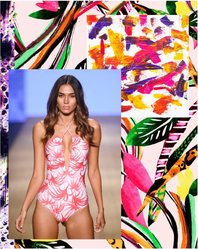 Tropical flowers and leaves are applied using arty brush paints to this swimwear trend