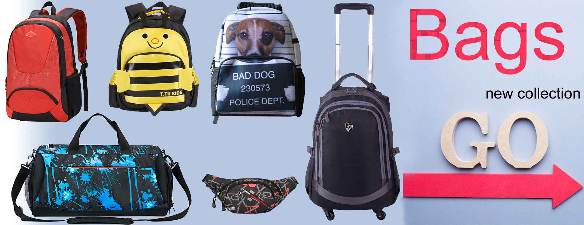 Backpacks, school bags, travel bags, waistbags