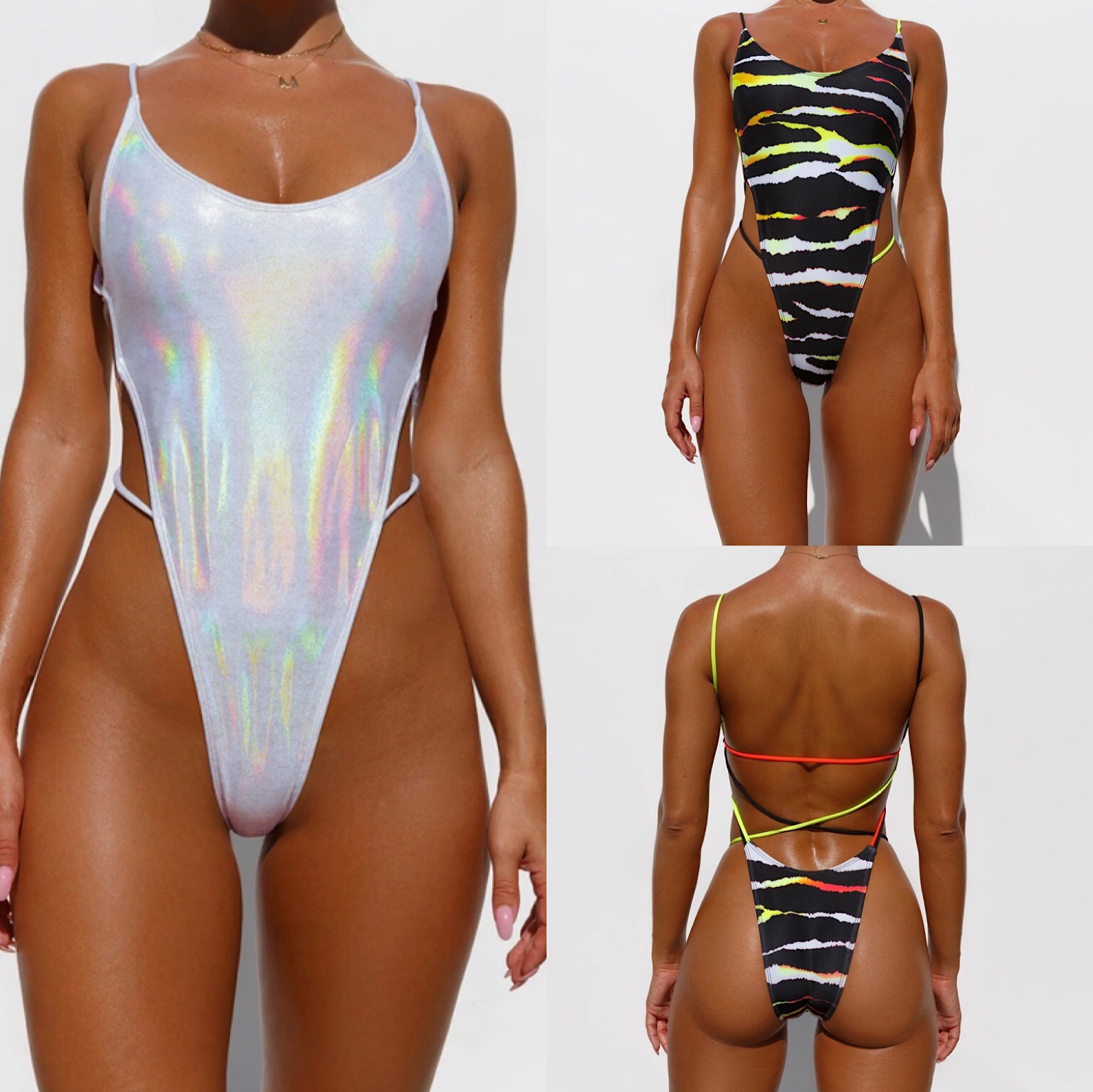 Shiny foil colorful high leg animal print bikini swimwear swimsuit women